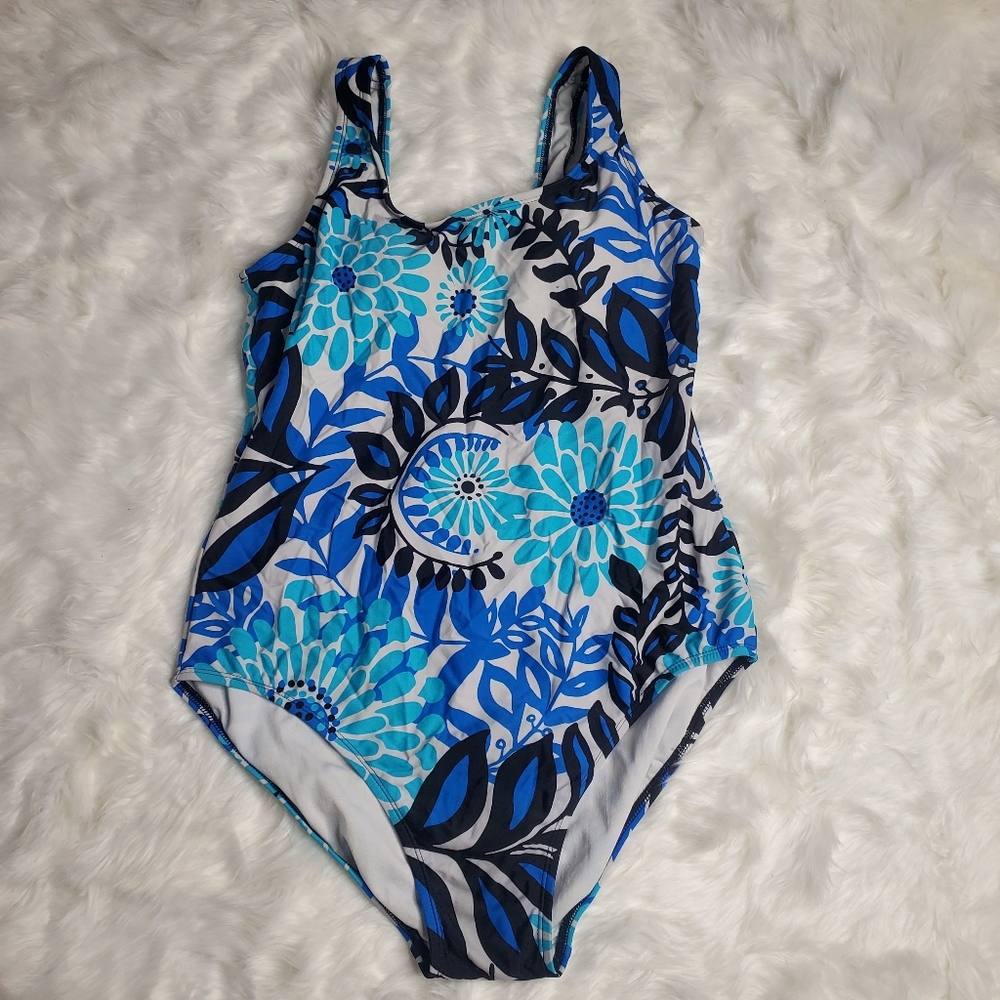 ♤ Catalina Hawaiian Print One Piece Swim Suit Size XL Blue Black and White
